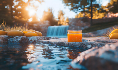Refreshing mango juice by a tranquil waterfall, surrounded by ripe mangoes and lush greenery. A perfect summer escape.