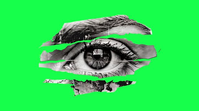 Ripped paper blinking eye animation, transparent 4K video, green screen