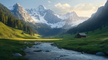 Majestic snow-capped mountains, green valley, flowing river, and cabin under sunlight