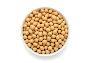 A bowl filled with dried soybeans on white background