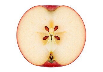 A halved red apple showing the seeds and inner flesh