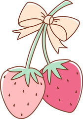 Strawberry set with Strawberry Ribbon bows, Rainbow, Garland, Jam Bottle, Cake, Number, Tea Cup, Sunglasses, Flowers Doodle Cartoon Style Hand Drawn Elements