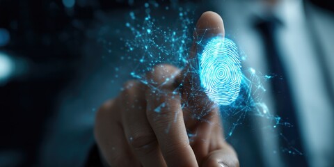 A scientist touches a glowing blue biometric scanner, indicating advancements in security and identification technologies. 