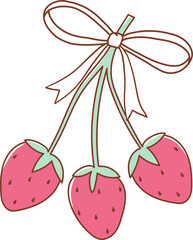 Strawberry set with Strawberry Ribbon bows, Rainbow, Garland, Jam Bottle, Cake, Number, Tea Cup, Sunglasses, Flowers Doodle Cartoon Style Hand Drawn Elements