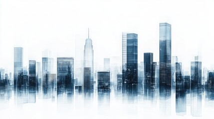 Obraz premium Digital Futuristic Metropolis, BlueTinted Modern Skyscraper Skyline on White Backdrop