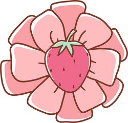 Strawberry set with Strawberry Ribbon bows, Rainbow, Garland, Jam Bottle, Cake, Number, Tea Cup, Sunglasses, Flowers Doodle Cartoon Style Hand Drawn Elements