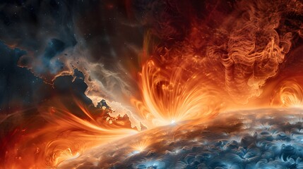 Fototapeta premium flames and smoke swirl around a sun in a space scene