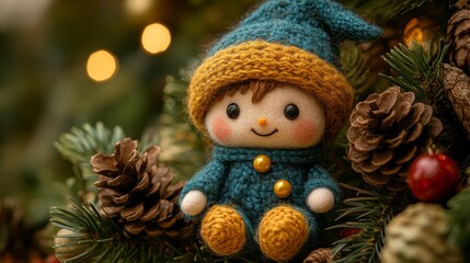 Cute knitted elf doll sits among pine needles, pinecones, and glowing bokeh lights