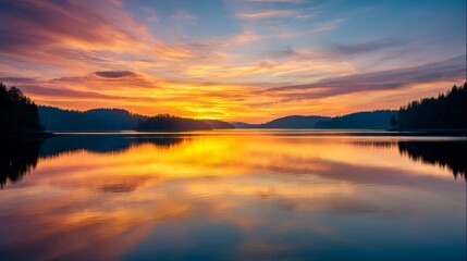 Naklejka premium Serene Sunset Over Calm Water with Reflection in Nature Landscape