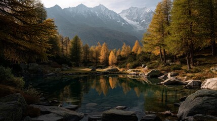 Naklejka premium Serene Mountain Lake with Autumn Foliage and Rocky Landscapes