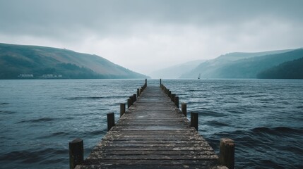 Serene Wooden Pier Extending Into Calm Waters and Foggy Mountains