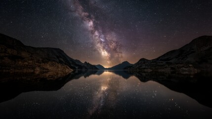 Majestic Night Sky Above Calm Lake Reflecting Milky Way Stars