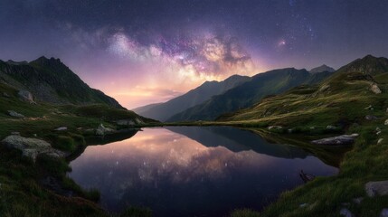 Majestic Night Sky with Milky Way Reflecting on Tranquil Lake