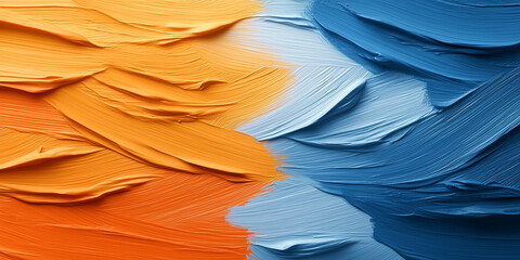 Orange and blue paint textures merging in layered brush strokes abstract background, Perfect for bold artistic designs and abstract posters