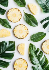 Tropical pineapple slices & lush green leaves arranged on white background