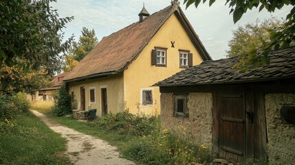 Picturesque Village Path: Rustic Charm and Tranquility of an Old European Village