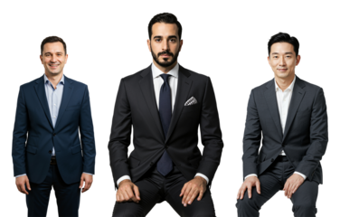 Three diverse adult businessmen in formal suits pose against a transparent background, representing a professional and corporate setting.