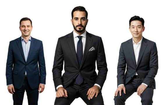 Three diverse adult businessmen in formal suits pose against a transparent background, representing a professional and corporate setting.