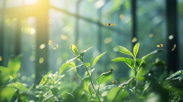 A greenhouse filled with organic crops, featuring beneficial insects like lacewings and predatory 