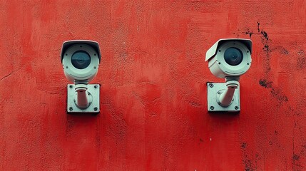 Twin Security Cameras with Red Wall.