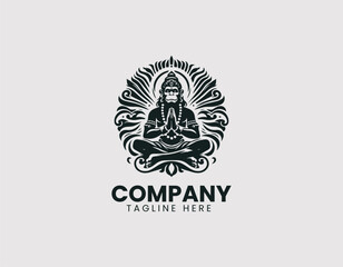 Hanuman Meditating Vector Logo Design, Lord Hanuman in Meditation Pose Vector Logo, Meditating Hindu God Hanuman Vector Logo