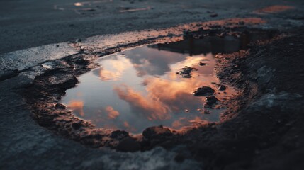 Fototapeta premium Reflection of Colorful Clouds in a Puddle on Urban Ground