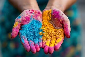 Hands holding colorful powder pigments
