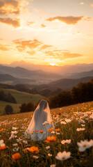 Obraz premium Woman sits veiled in wildflowers sunset