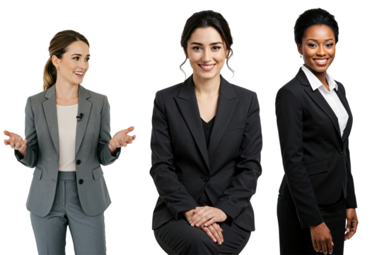 Three diverse young adult businesswomen in professional suits, one speaking with a lapel microphone, standing and sitting against a transparent background