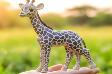 Obraz premium Adorable baby giraffe figurine held in a hand against a sun-drenched green field background. Perfect for children's books, websites, or nature-themed projects.