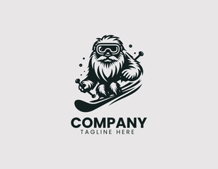 Fototapeta premium Yeti with Goggles Skiing Down Snowy Mountain Vector Logo Design, Skiing Yeti with Goggles Snowy Mountain Vector Logo
