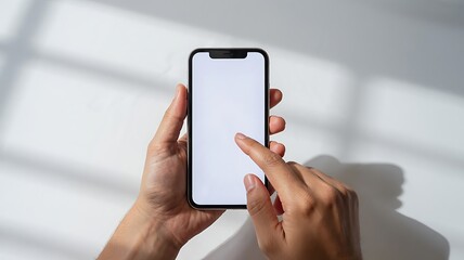 Person Using Smartphone With Blank Screen For App Design Or Mobile Website Mockup With Sunlight Shadows On Background