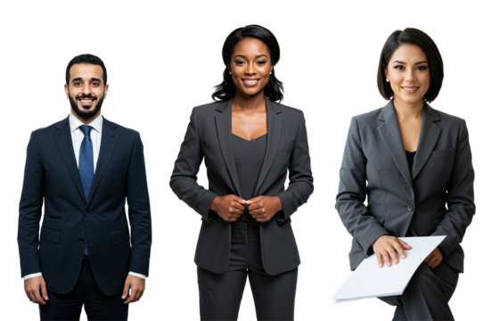 Diverse group of three professional adult business people (one Middle Eastern male, two females - one Black, one Hispanic/Latina) in suits posing against a transparent background.