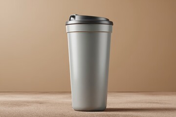 Modern gray insulated travel tumbler on neutral surface.