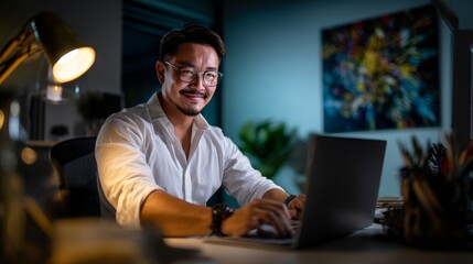 Asian businessman working late at night using laptop in his office