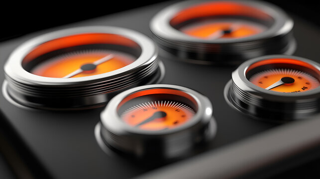 Close-up of four retro-style orange illuminated car gauges with chrome bezels.  The gauges display various measurements