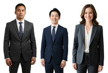 Studio portrait of a diverse group of three young adult business professionals in their 30s, two men and one woman, wearing formal suits against a transparent background.