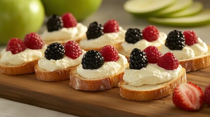 Crostini topped with cream cheese, raspberries, & blackberries, served on wooden board. This sweet appetizer suits blog posts about party snacks and gourmet food.