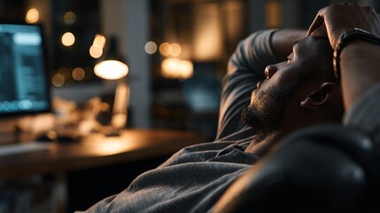 Overworked African American man relaxing in chair at home office late