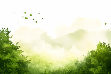 Fototapeta premium Serene watercolor landscape painting; lush green foliage, misty background, ideal for tranquil designs.