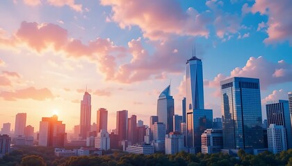 Fototapeta premium A vibrant cityscape emerges at dawn, bathed in warm, pastel colors and tranquil, luminous light.