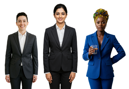 Full length studio portrait of three diverse adult businesswomen standing confidently in suits against a transparent background