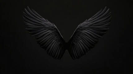 Obraz premium A pair of black feathered wings spread open against a dark background.