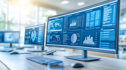 Three computer monitors displaying various data charts and graphs in a modern office setting