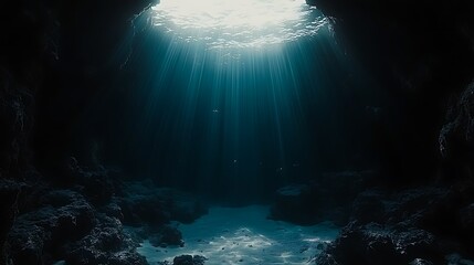 Obraz premium Mystical underwater cave illuminated by celestial sunrays through entrance