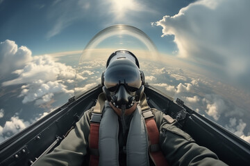First-person perspective from inside a fighter jet cockpit above the clouds.