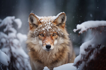 Close-up of a coyote face covered in snow in winter