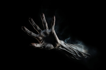 eerie reaching hand in darkness with smoky.