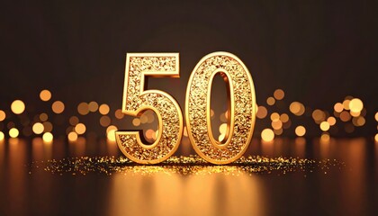 Golden 50th birthday sign with a blurry background