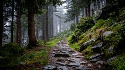 Fototapeta premium Tranquil Forest Pathway Amidst Mist and Lush Greenery